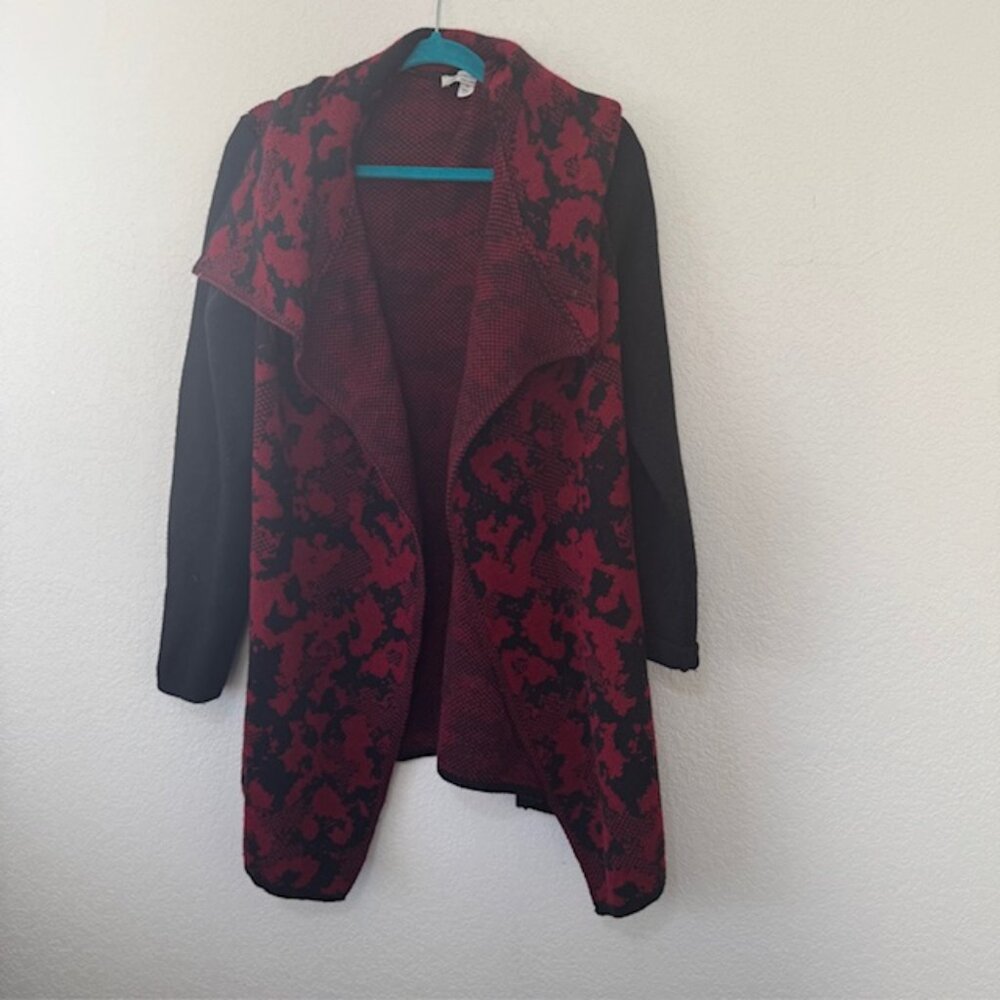 Madison Hill Cardigan Women XL Red Black Abstract Open‎ Front Waterfall Sweater